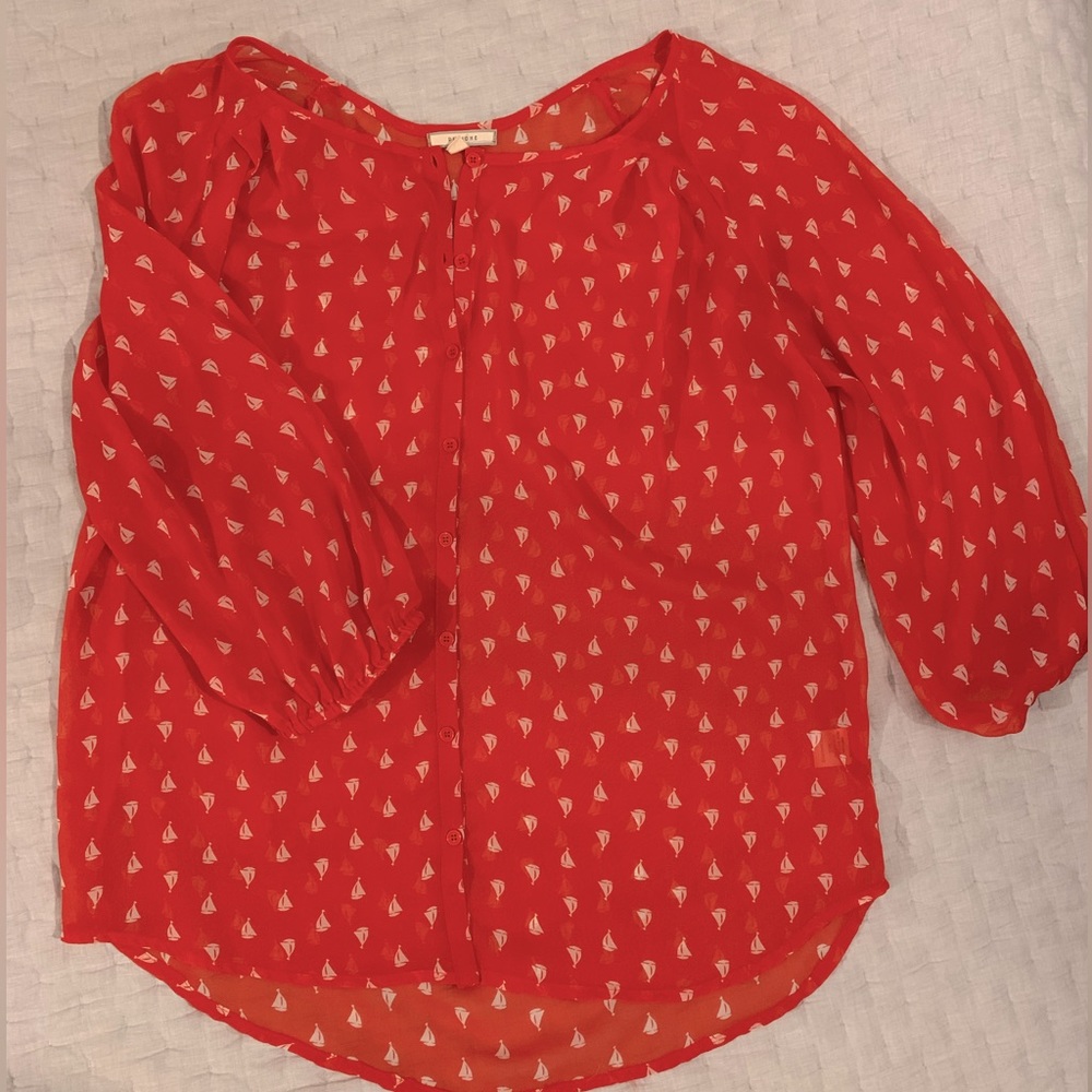 Sheer button down blouse with sailboat pattern, womens L